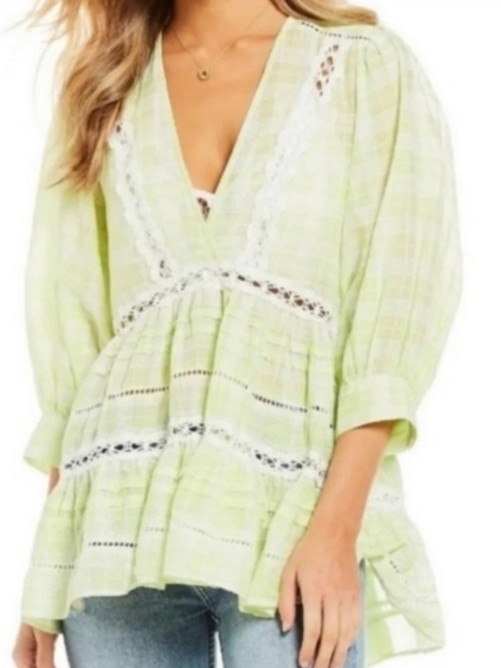 Free People Light Lime Green Crochet Trim Peasant Blouse